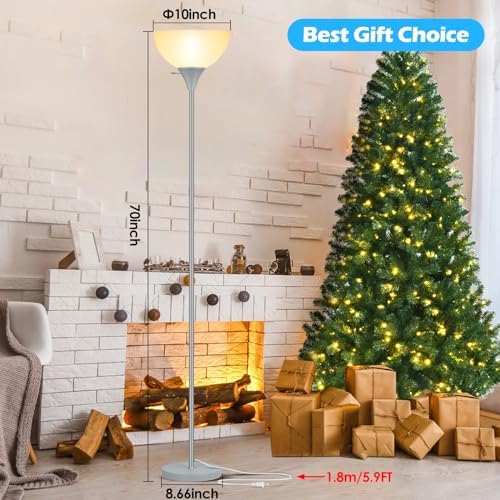Coucrek Floor Lamp, LED Standing Lamps with White Plastic Shade, Corner Floor Lights for Living Room Bedroom, Rotary Switch, Bulb not Included, Grey - Image 5