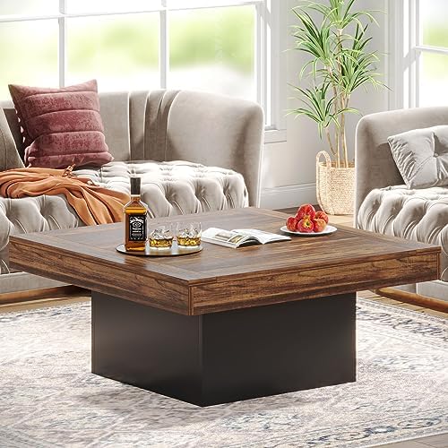 Tribesigns 35.4-Inch Square Coffee Table with LED Light, Modern Wood Coffee Table, Large Center Table for Living Room, Rustic Brown & Black by Tribesigns