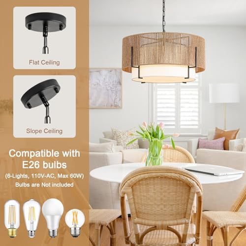 25.6" Large Rattan Chandelier for Dining Room, 6-Light Boho Pendant Light - Image 3