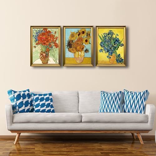 Wieco Art Framed 3 Panels Wall Art of Vincent Van Gogh Paintings Red Poppies and Daisies Sunflower Irises in Vase Canvas Prints for Wall and Home Decorations Bronze Gold Frame - Image 4