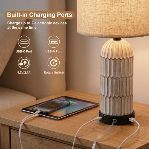 OYEARS 22.5" Bedside Table Lamps Set of 2, Farmhouse Table Lamp with USB A+C Charging Ports,Vintage Nightstand Lamp for Bedrooms and Living Rooms, Retro Resin End Table Lamp with Linen Shade, Black - Image 3
