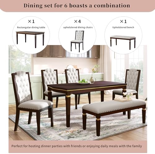 VilroCaz Modern Elegant Wood Kitchen Dining Table Set, 60'' Rectangular Table and 4 High-Back Tufted Chairs & 1 Bench, Home Breakfast Kitchen Dining Room Table Set for 6 (Espresso-10.6) - Image 4