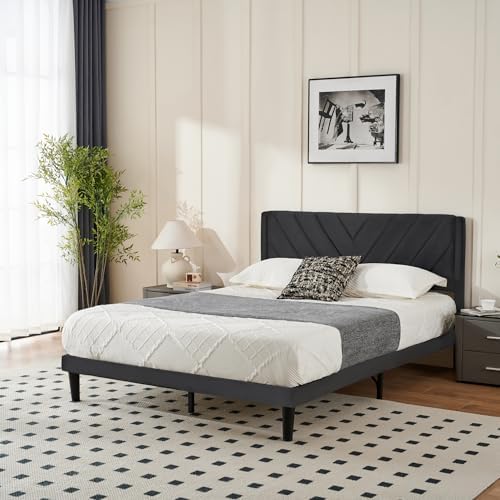 Queen Size Platform Bed Frame with Velvet Headboard, Wing Edge, Sturdy Wooden Slats, Noise-Free, No Box Spring Needed, Easy Assembly, Black - Image 3
