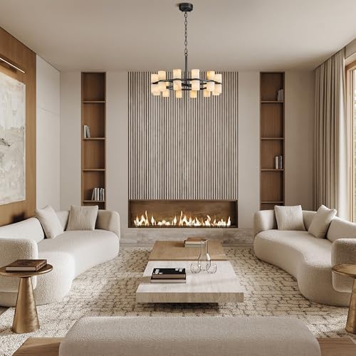 Alabaster Round Chandelier, Natural Spanish Stone Texture Chandeliers, D23.6in Round Chandeliers for Dining Room Small Chandelier Light Fixture for Kitchen Living Room Foyer Entryway Hallway (Black) - Image 2