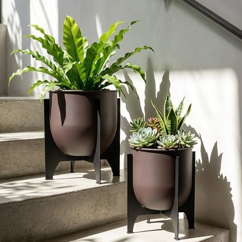 TRIROCKS Set of 2 Planters with Stand Indoor Outdoor Metal Plant Stand 16 &8" H Modern Planters Flower Pots for Living Room Corner Kitchen Office Garden Balcony Patio Decor by TRIROCKS