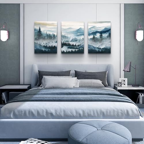 MHARTK66 Mountain Landscape Wall Art for Living Room, Large Foggy Forest Watercolor Artwork for Walls, 3 Piece Nature Mountain Forest Paintings Prints for Hallway Office Kitchen Wall Decor, 16x24 Inch - Image 4