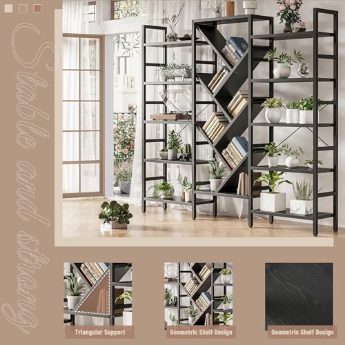 INNOD 70x70” Triple 5 Tier Book Shelf, Large Wooden Bookcase with 17 Open Display Shelf, Modern Tree Bookshelf Metal Frame Tall Book Case Furniture for Living Room Bedroom Home Office Black - Image 5
