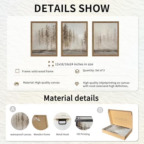 Framed Vintage Forest Wall Art Set of 3, Neutral Tree Landscape Canvas Wall Decor Paintings, Modern Abstract Nature Artwork Posters Prints Pictures for Living Room Office Bedroom 12x16 Inch - Image 4