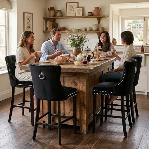 SoarFlash Modern Velvet Upholstered Bar Stools Set of 6 with Wood Legs, Button Tufted,Chrome Nailhead, Counterstool Seat, Armless Bar Chairs (Black) - Image 3