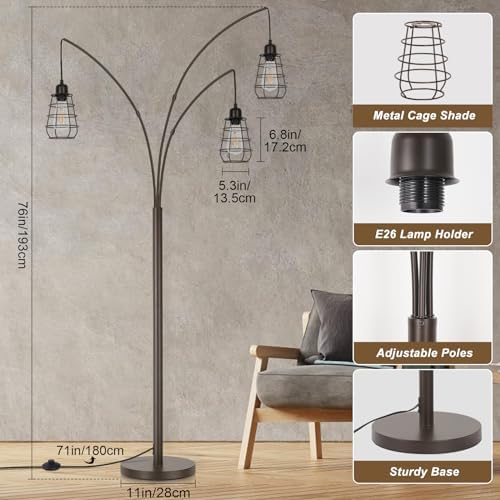 Industrial Floor Lamp, 3 Light Arc Floor Lamps for Living Room, 76 Inch Tall Standing Lamp with Metal Cage Shades & Foot Switch, Vintage Floor Lamp for Bedroom, Office, Corner, Bronze - Image 2