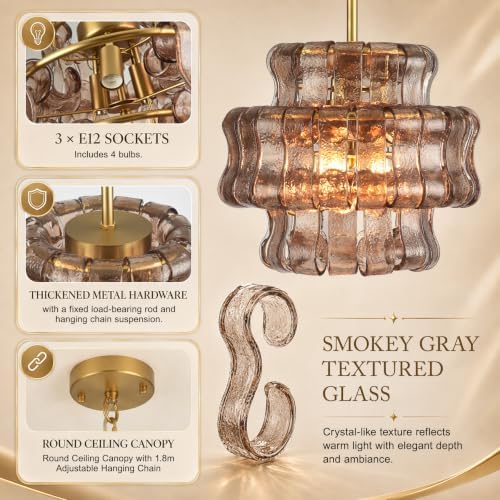 12.5-Inch Smoked Glass Pendant Light, 3-Light Brass Kitchen Island Pendant - Image 2