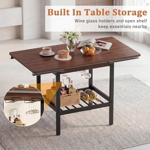 Extendable 6-Piece Breakfast Nook Set with Storage Benches & Stools, Corner Dining Table Set with Wine Glass Holder, Space-Saving Kitchen Table for Indoor/Outdoor Use (Walnut) - Image 4