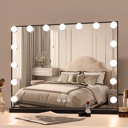 FENCHILIN Vanity Mirror with Lights 22.8''x 18.1'', Hollywood Lighted Mirror with Dimmer Bulbs, Vanity Makeup Mirror Smart Touch Control, Tabletop, Black by Fenchilin