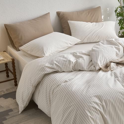 MooMee Striped Duvet Cover Set 100% Washed Cotton Linen Like Oversized Full - Image 4