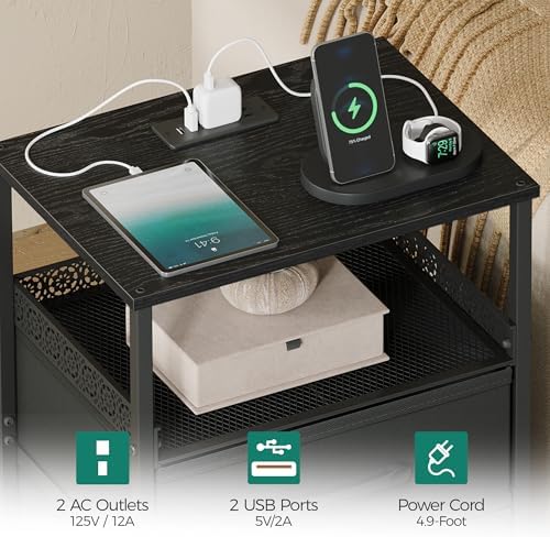 JARHETUN Night Stand Set 2 with Charging Station, 3 Drawer Nightstands with LED Lights, End Table with Outlets and USB Ports, Side Table with Open Shelf, Bedside Tables for Bedroom, Black - Image 6
