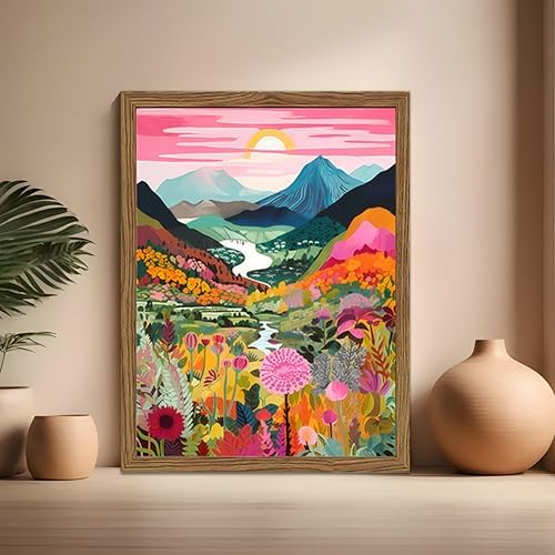 Boho Colorful Mountain Wall Art Set of 3, Abstract Watercolor Landscape Flower Wall Decor Paintings, Modern Nature Sunset Forest Posters Prints for Living Room, Bedroom 16x24 Inch Wood Framed - Image 6