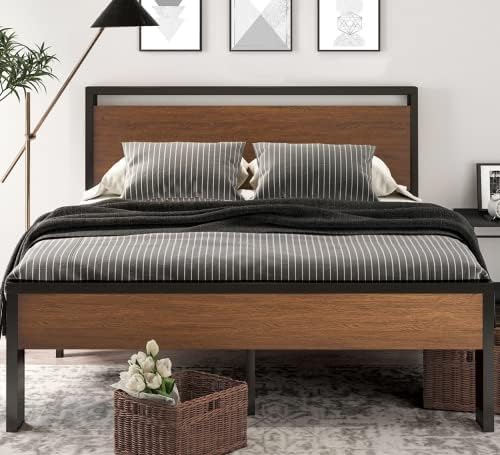 SHA CERLIN 14 Inch Queen Size Metal Platform Bed Frame with Wooden Headboard and Footboard, Mattress Foundation, No Box Spring Needed, Large Under Bed Storage, Non-Slip Without Noise, Walnut - Image 3