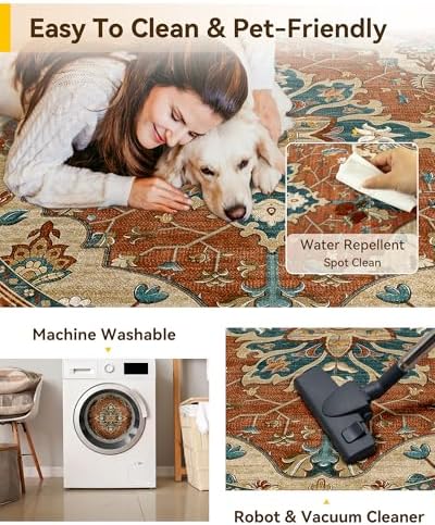 RELEANY Washable Area Rug, Round 5ft, Red/Orange/Blue/Brown - Image 5