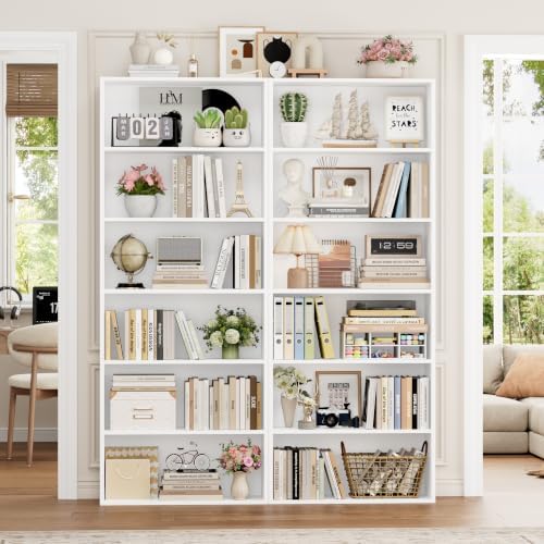 FOTOSOK 6 Tier Tall Bookshelf and Bookcase, Open Display Shelves, White 2PK - Image 5