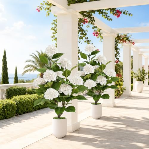 3FT Artificial Hydrangea Tree 2 Pack, Realistic Faux Hydrangea Plants in Pot with White Flowers, Lifelike Faux Greenery Home Indoor Outdoor Front Porch Garden or Wedding, White - Image 7