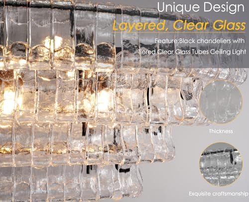 YIOSI 65 Inch Large Rectangular Black Chandelier for Dining Room, Clear Glass Drum Modern Pendant Light Fixture, Extra Long Kitchen Island Lighting - Image 5