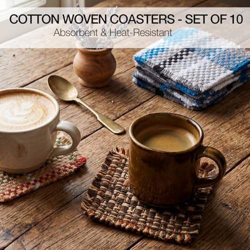 Set of 10 Fabric Drink Coasters, Handcrafted Cotton Woven Coasters for Table, Coastal Farmhouse Table Decor for Coffee Tea Cocktails, Absorbent Soft Desk Coasters for Kitchen Office, Housewarming Gift - Image 4