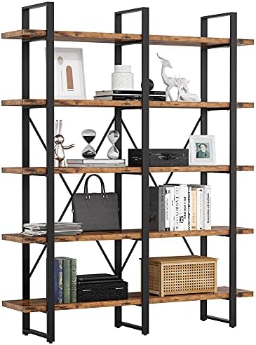 IRONCK Industrial Bookshelf and Bookcase Double Wide 5 Tier, Large Open Shelves, Wood and Metal Bookshelves for Home Office Furniture, Easy Assembly by IRONCK