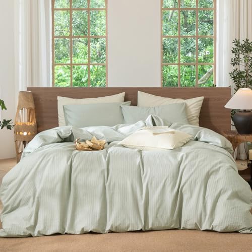 MooMee Striped Duvet Cover Set 100% Washed Cotton Linen Like Cal King - Image 2