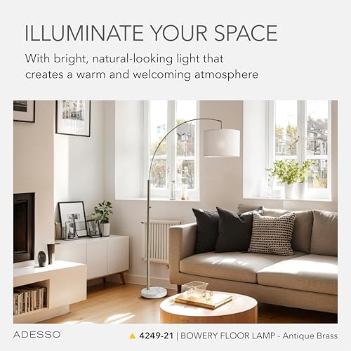 Adesso Floor Lamp, Marble & Off-White Linen, Adjustable, 73.5” - Image 2