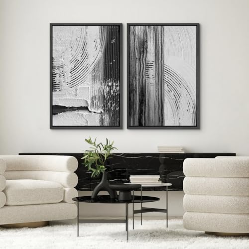 SIGNWIN Framed Canvas Print Wall Art Set Black White Industrial Paint Strokes Abstract Shapes Illustrations Modern Art Minimal Decorative Nordic for Living Room, Bedroom, Office - 24"" x36 x2 Black - Image 2