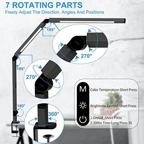 LED Desk Lamp with Clamp, Architect Desk Lamp for Home Office with Remote Control, Swing Arm Clamp on Computer Light, Clip-on Eye-Care Adjustable 5 Brightness Levels Table Light for Working Drafting - Image 2