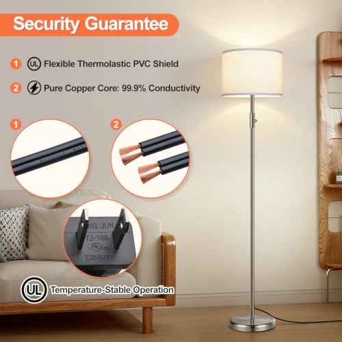Floor Lamp Simple Design with White Shade, Small Tall Lamps for Living Room Bedroom Office Dining Room Kitchen, Sliver Pole Lamp-Sliver - Image 6