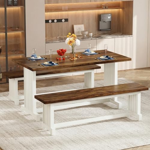 Tribesigns 47" Dining Table Set for 4, 3-Piece Kitchen Room Table with 2 Benches, Farmhouse Wood Dinner Furniture for Small Space, Home Living Room, White & Rustic Brown - Image 4