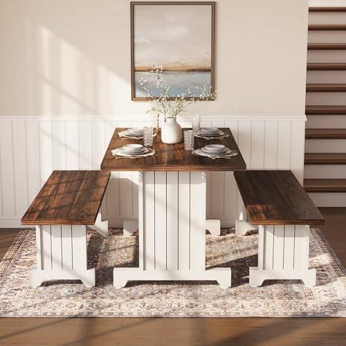 LITTLE TREE Dining Table Set for 4 with 2 Benches, Modern Kitchen Table with MDF Board, Space-Saving Dinette for Kitchen, Dining Room, Brown and White - Image 4