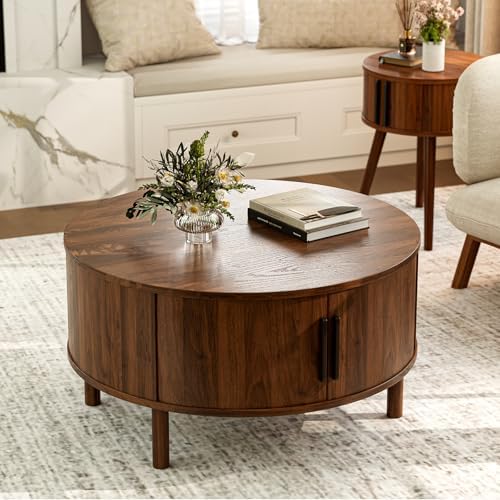 ZttRiee Round Coffee Table with Sliding Doors, Mid-Century, Walnut - Image 6