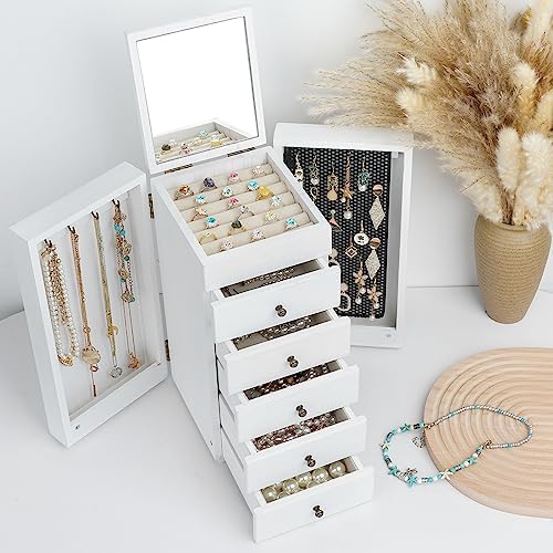 Meangood Jewelry Box Wood for Women, 6-Layer Large Organizer Box with Mirror & 5 Drawers for Rings, Earrings, Necklaces, Vintage Style, White - Image 2