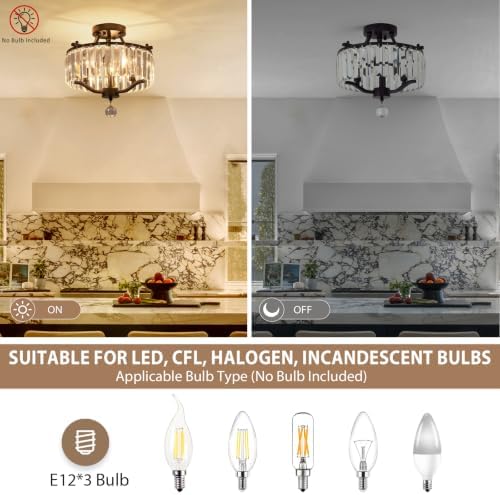 Crystal Black Chandeliers Modern Farmhouse Small Chandelier 12.2 Inch 3-Light Round Crystal Mini Semi Flush Mount Ceiling Light Fixture for Dining Room Entryway Hallway Kitchen Bedroom Foyer - Image 2