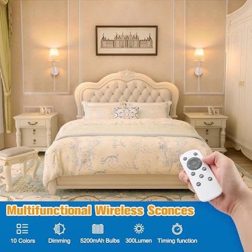NIORSUN 19.9 inch Battery Operated Wall Sconce Set of 2,Brushed Nickel Rechargeable Wall Lights with 10400mAh Dimmable Detachable Bulbs and Remote,10 Colors Wireless Sconces for Bedroom Living Room - Image 2