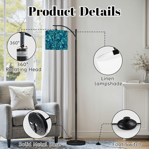 Arc Floor Lamp Teal Blue Floral Paisley Watercolor Dimmable Modern Standing Lamp with Remote Adjustable Drum Shade Footswitch Tall Pole Lamp for Living Room Bedroom - Image 6