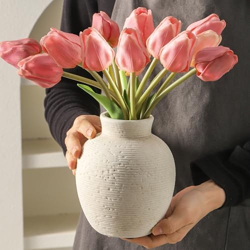 Vanselia Ceramic Flower Vase Home Decor - Small Farmhouse Table Vases Rustic Vintage Living Room Kitchen Bedroom Decorations for House Book Shelf Office Coffee Desk Dining Fireplace (6" Rustic) - Image 2