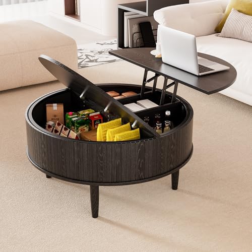Round Fluted Lift Top Coffee Table with Storage, Mid Century Modern Coffee Table for Living Room, Home Small Space,31.5" Fluted Center Table (Black, 31.5inch) - Image 3