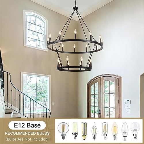 Black Wagon Wheel Chandelier 2 Tier 20-Lights 40 Inch Extra Large Farmhouse Light Fixture Rustic Lighting Round Chandeliers for Dining Room Kitchen Island Foyer Entryway - Image 2