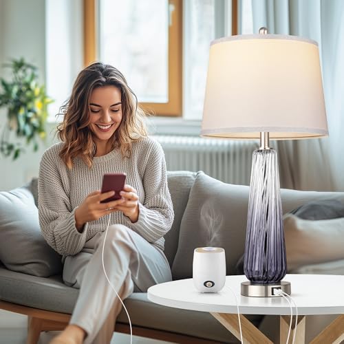 Glass Table Lamps Set of 2, Modern Bedside Lamps for Bedrooms with USB A+C Ports, 3-Way Dimmable Touch Control Nightstand Lamp with White Linen Shade, 27.5" Large Lamps for Living Room Decor, Grey - Image 5