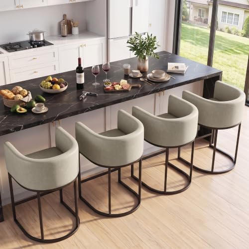 Counter Height Bar Stools Set of 4, Modern Counter Stools for Dining Room, 24 Inch Barstools for Kitchen Island, Faux Leather Bar Stool with Metal Legs and Back Footrest, Greige(White) by KRAMZMINGQualityHome
