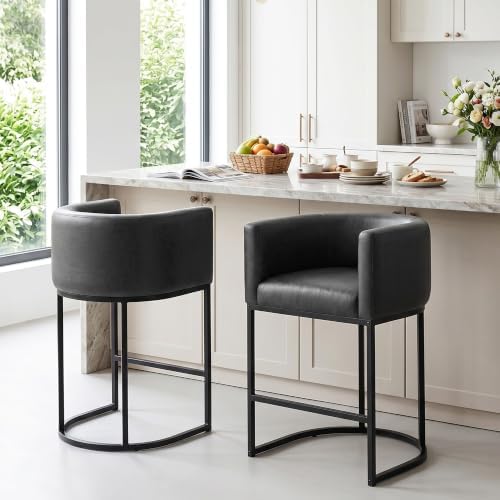 Counter Height Bar Stools Set of 2, Modern Counter Stools for Dining Room, 24 Inch Barstools for Kitchen Island, Faux Leather Bar Stool with Metal Legs and Back Footrest, Black - Image 7