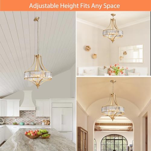 Crystal Chandeliers for Dining Room 21.6" Rustic Farmhouse Chandelier with Round Metal Shade 6-Light Large Gold Dining Room Light Fixture for Kitchen, Hallway, Bedroom, Foyer - Image 5