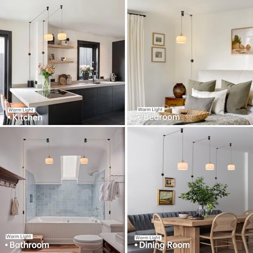Shenmoyl Plug in Pendant Light Hanging Light Fixture Corded On/Off Switch Brass Pendant Light with White Striped Glass Lampshade for Bedroom Living Room Kitchen Island - Image 2