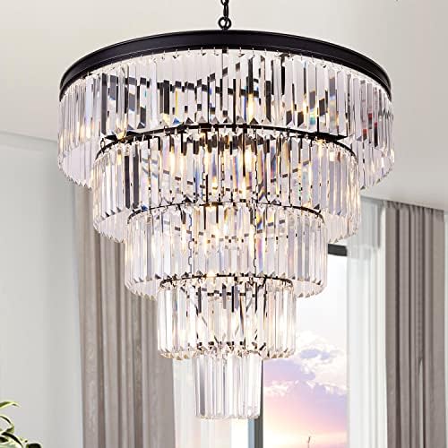 TOCHIC 10 Light Large Crystal Chandelier 31.5 inch, 5-Tier Contemporary Modern Black Crystal Chandeliers, Raindrop K9 Round Ceiling Light for Bathroom,Staircase, Entryway, Dining Room, Foyer, Kitchen by TochicLightingEnjoytheDifference