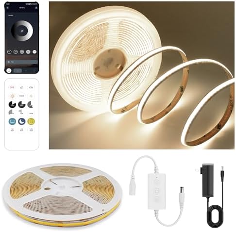 Pandery COB LED Strip Lights Natural White,24V Dimmable led Light Strip KIT with Remote and app Control,4000K 9.84FT/3m 8mmwide Ra>90 Cuttable Flexible Strip Lights for Bedroom,Wardrobe,Cabinet by PanderyCOBLightUPYourLife
