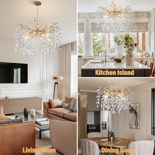 23.6" Modern Gold Tree Branch Chandelier, 8-Light Crystal Chandelier, Luxury Round K9 Crystal Raindrop Chandeliers Pendant Light Fixture for Dining Room Entryway Foyer Bedroom Kitchen Living Room - Image 2